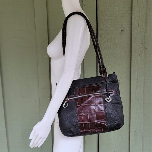 BRIGHTON Black Leather Brown Mock Croc Shoulder Bag - Picture 1 of 8